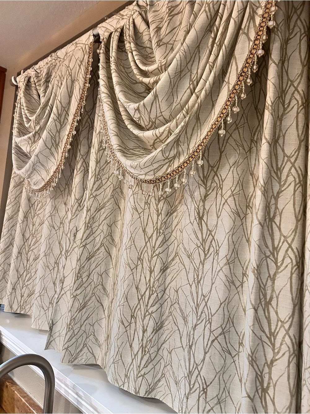 Elegant Beige Branch Pattern Swag Valance with Beaded Trim